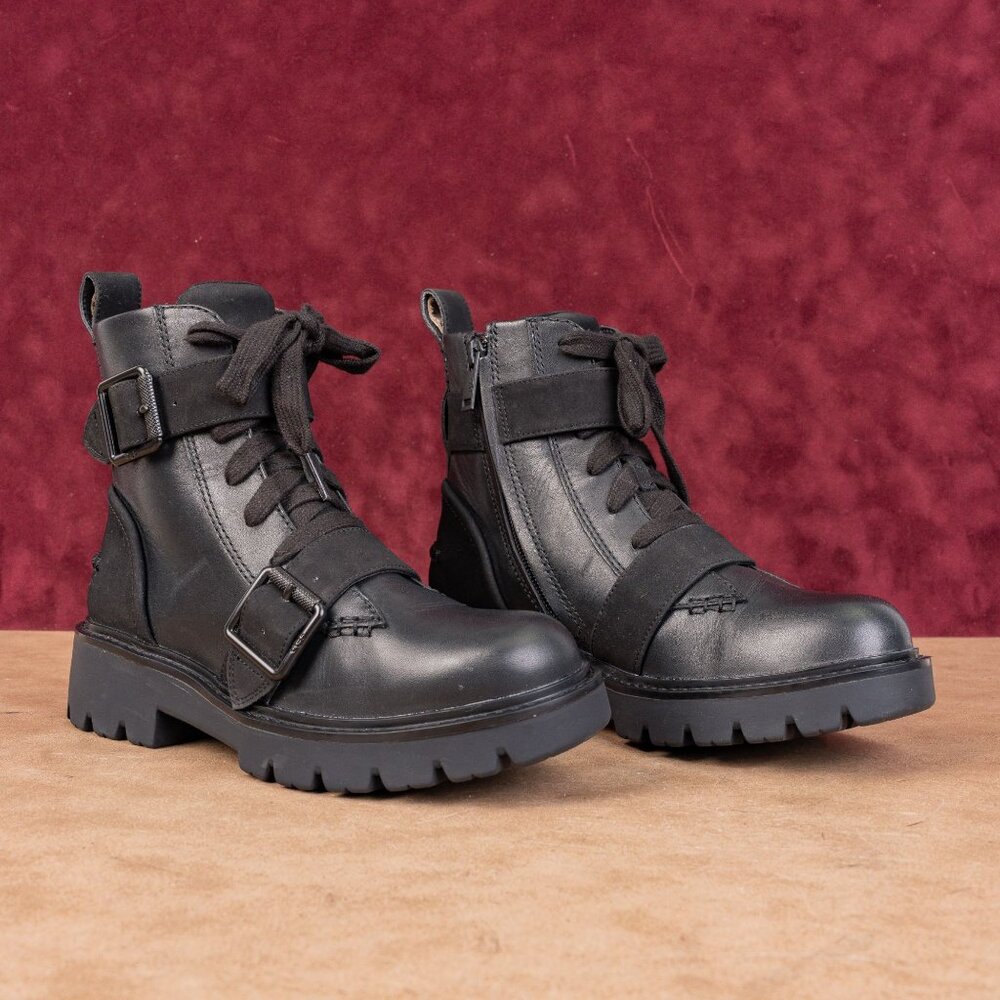 UGG Women Noe Moto Buckles Black Leather Strap Lace-up Combat Boots sz 6